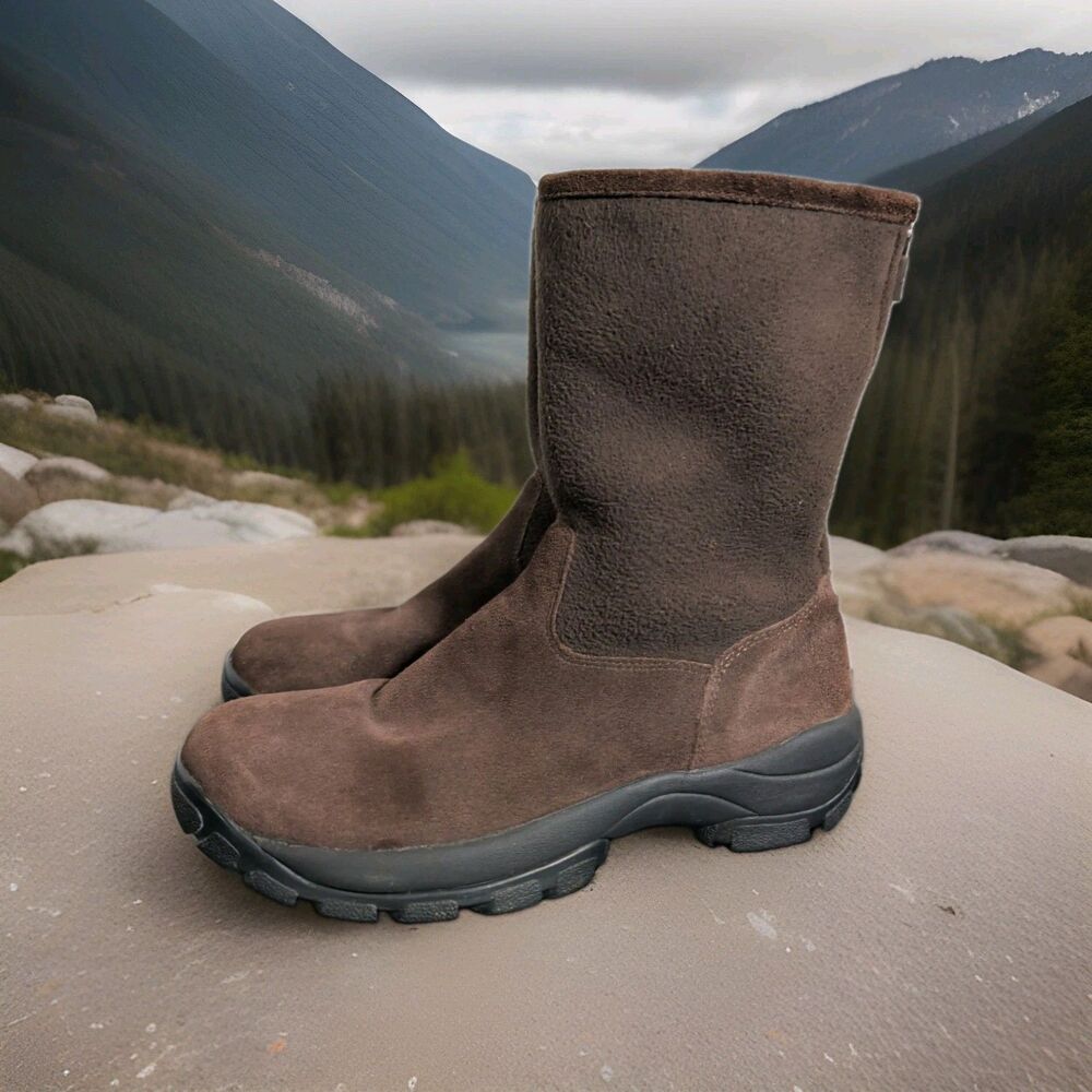 LANDS END BROWN SUEDE W/ FLEECE LINING  BOOTS LUG SOLES ZIP BACK WOMEN'S SZ 7